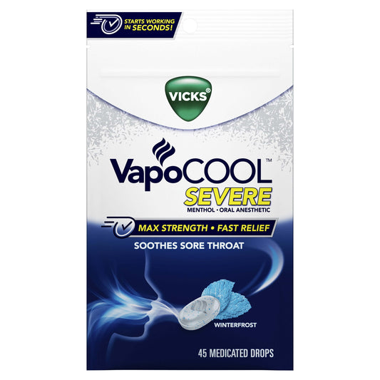 Vicks Vapocool Severe Medicated Sore Throat Drops, Menthol, Winterfrost Flavor, 45 Ct