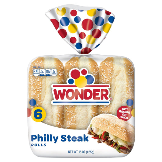 Wonder Bread Philly Steak Rolls, White Bread Sub Rolls, 15 oz, 6 Count