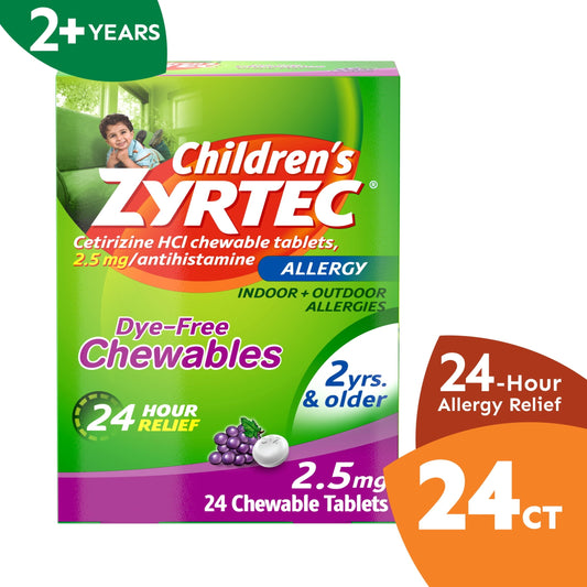 Zyrtec 24 Hour Children's Allergy Chews, 2+ yrs, 2.5 mg Grape, 24Ct
