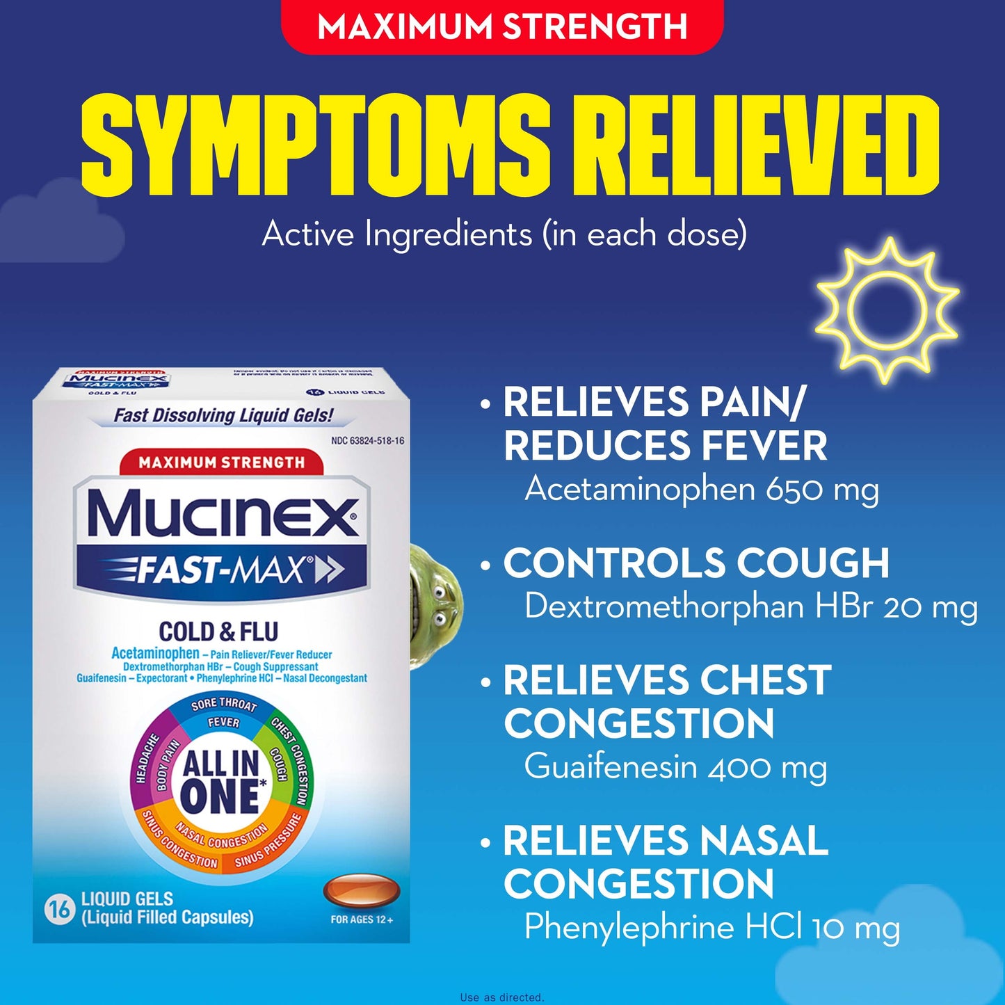 Mucinex All in One Fast Max, Cold and Flu Medicine, 16 Liquid Gels
