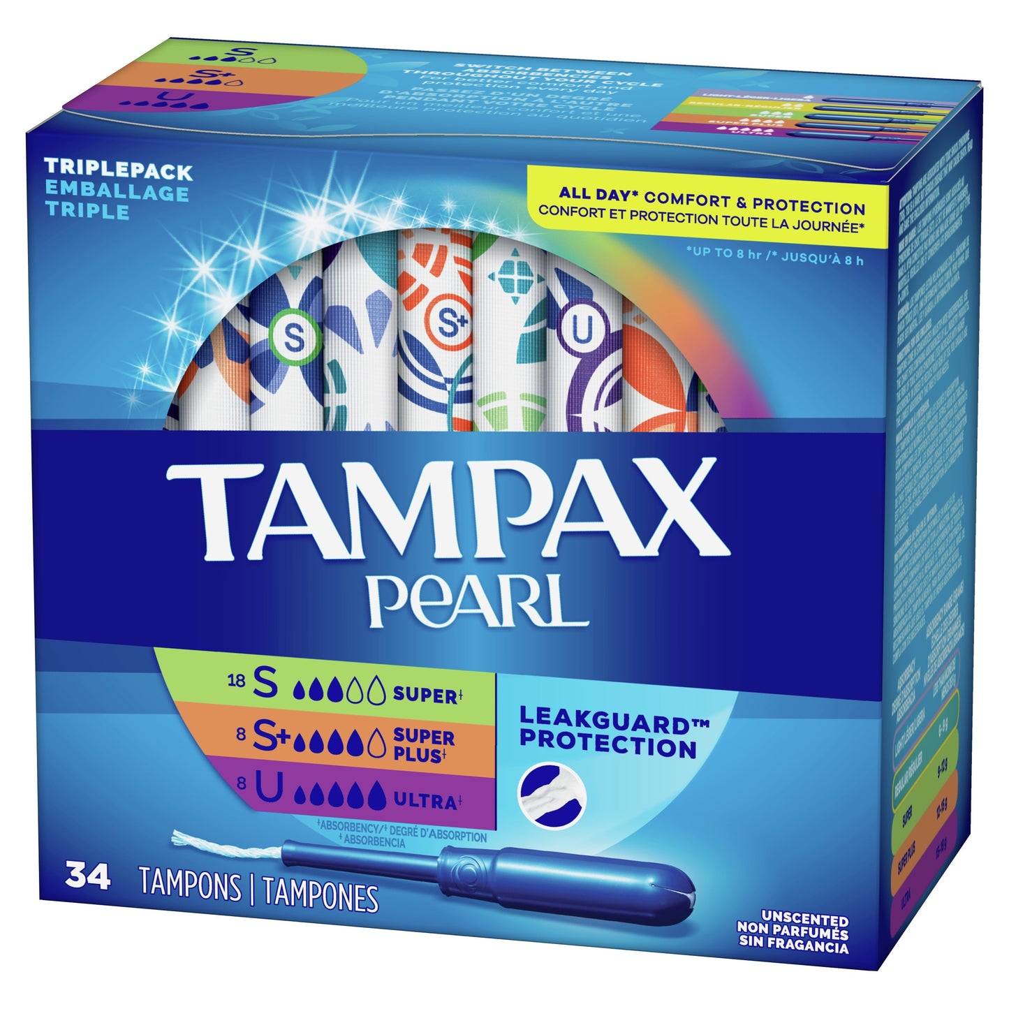 Tampax Pearl Tampons Trio Multipack with LeakGuard Braid, Super/Super Plus/Ultra Absorbency, 34 Ct