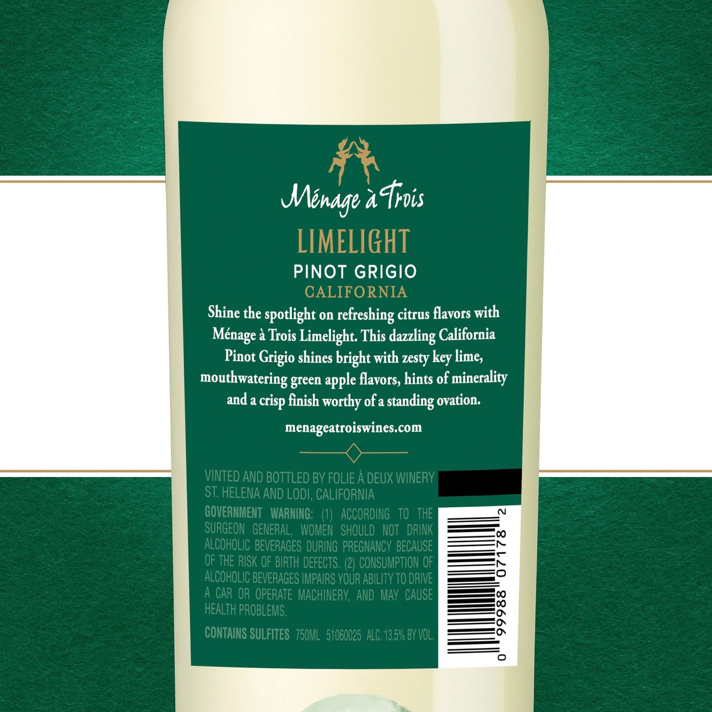 Menage a Trois Limelight Pinot Grigio White Wine, 750 ml Bottle