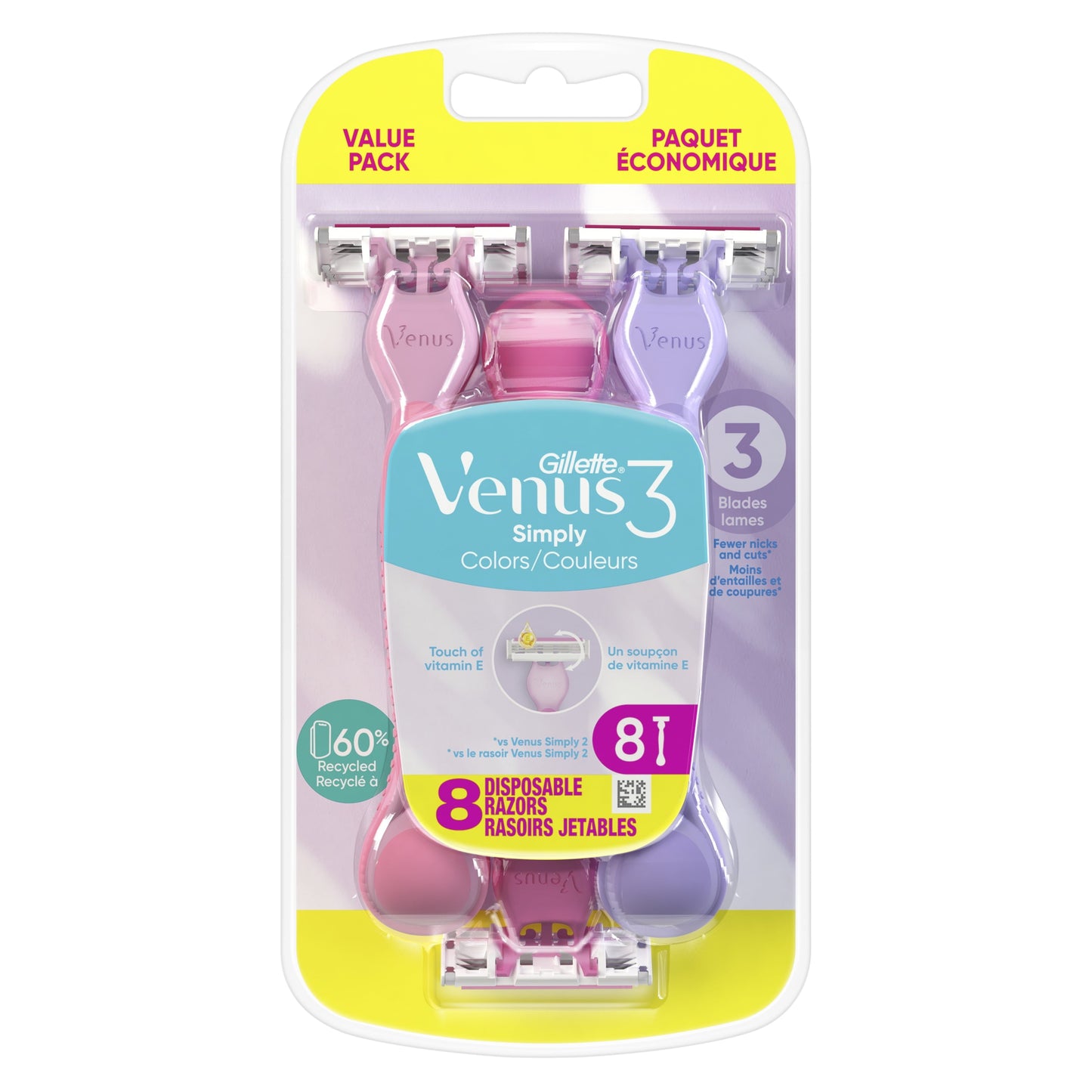 Gillette Venus Simply 3 Colors Disposable Female Razors, Pink, 8 Count