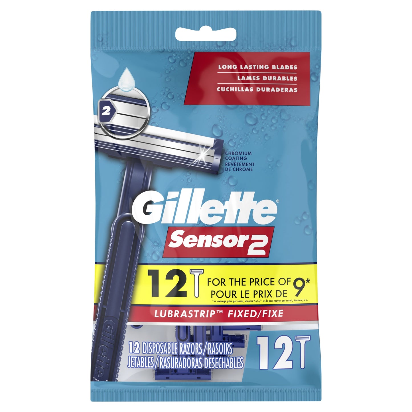 Gillette Sensor2 Fixed Head Men's Disposable Razors, Blue, 12 Count