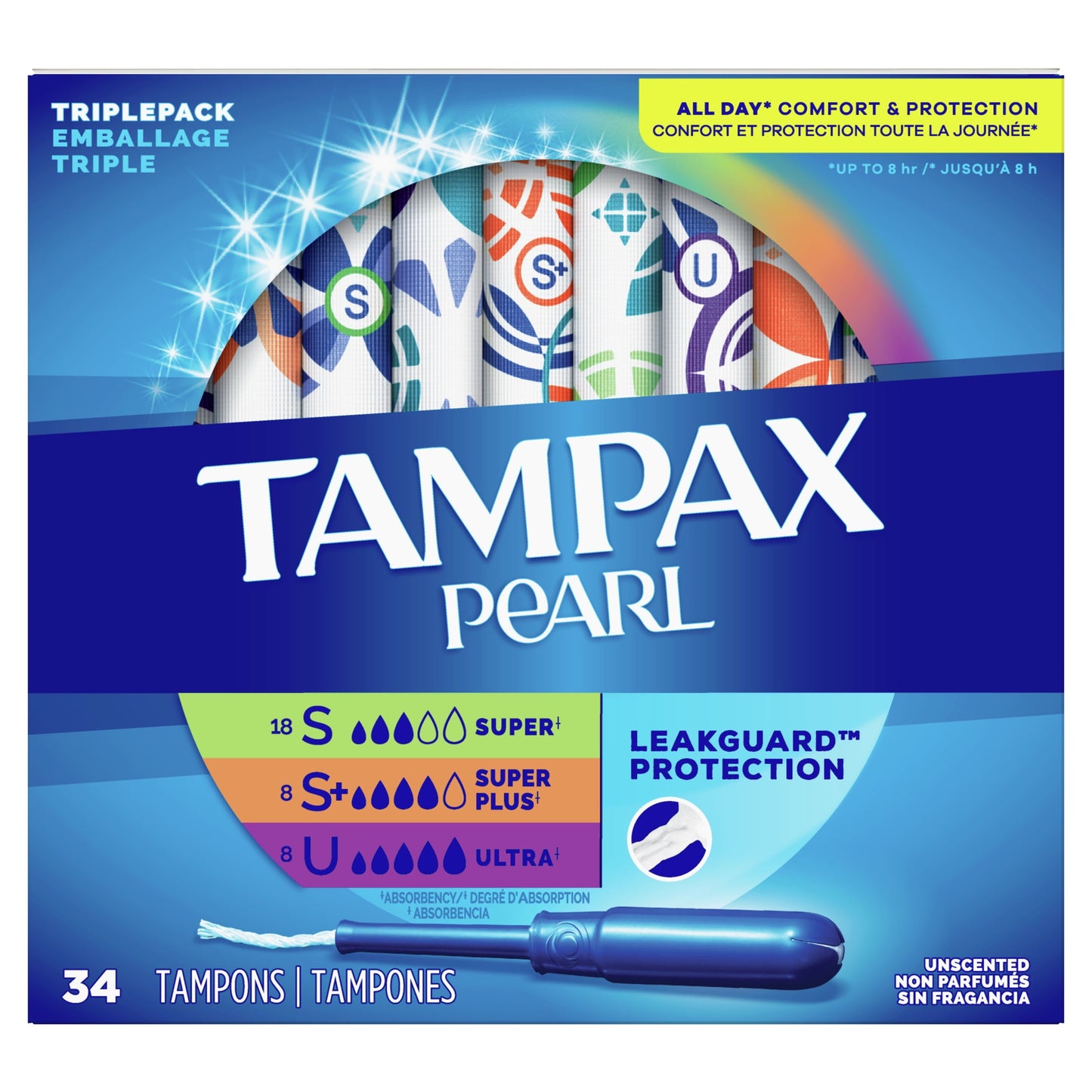 Tampax Pearl Tampons Trio Multipack with LeakGuard Braid, Super/Super Plus/Ultra Absorbency, 34 Ct