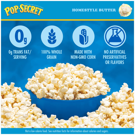 Pop Secret Microwave Popcorn, Homestyle Butter Flavor, 3 oz Sharing Bags, 18 Ct