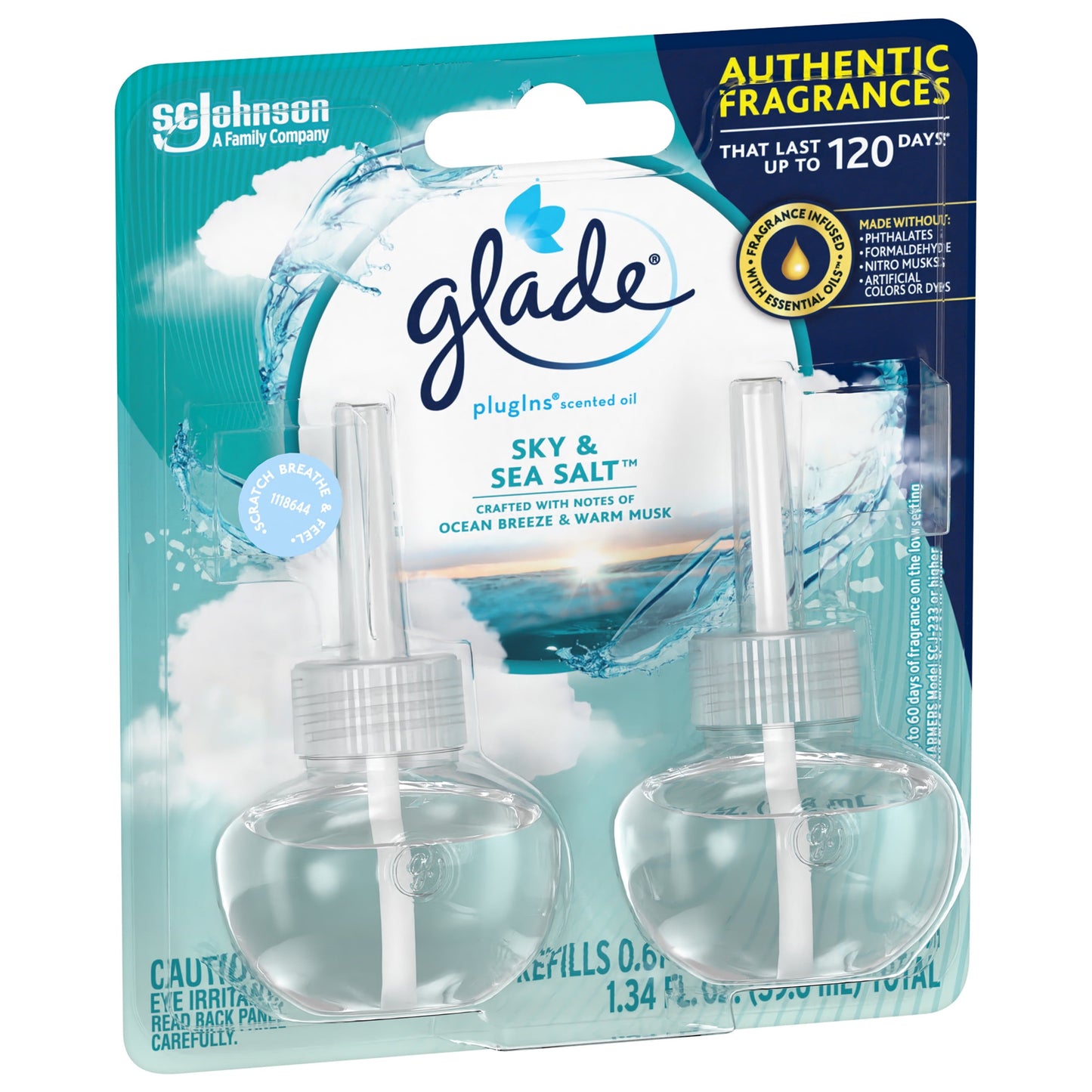 Glade PlugIns Scented Oil 2 Refills, Air Freshener, Sky & Sea Salt, 2 x 0.67 oz