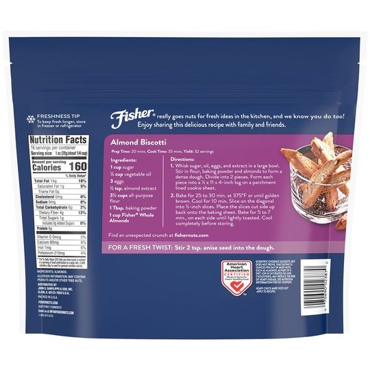 Fisher Chef’s Naturals Gluten Free, No Preservatives, Non-GMO Whole Natural Almonds, 16 oz Bag