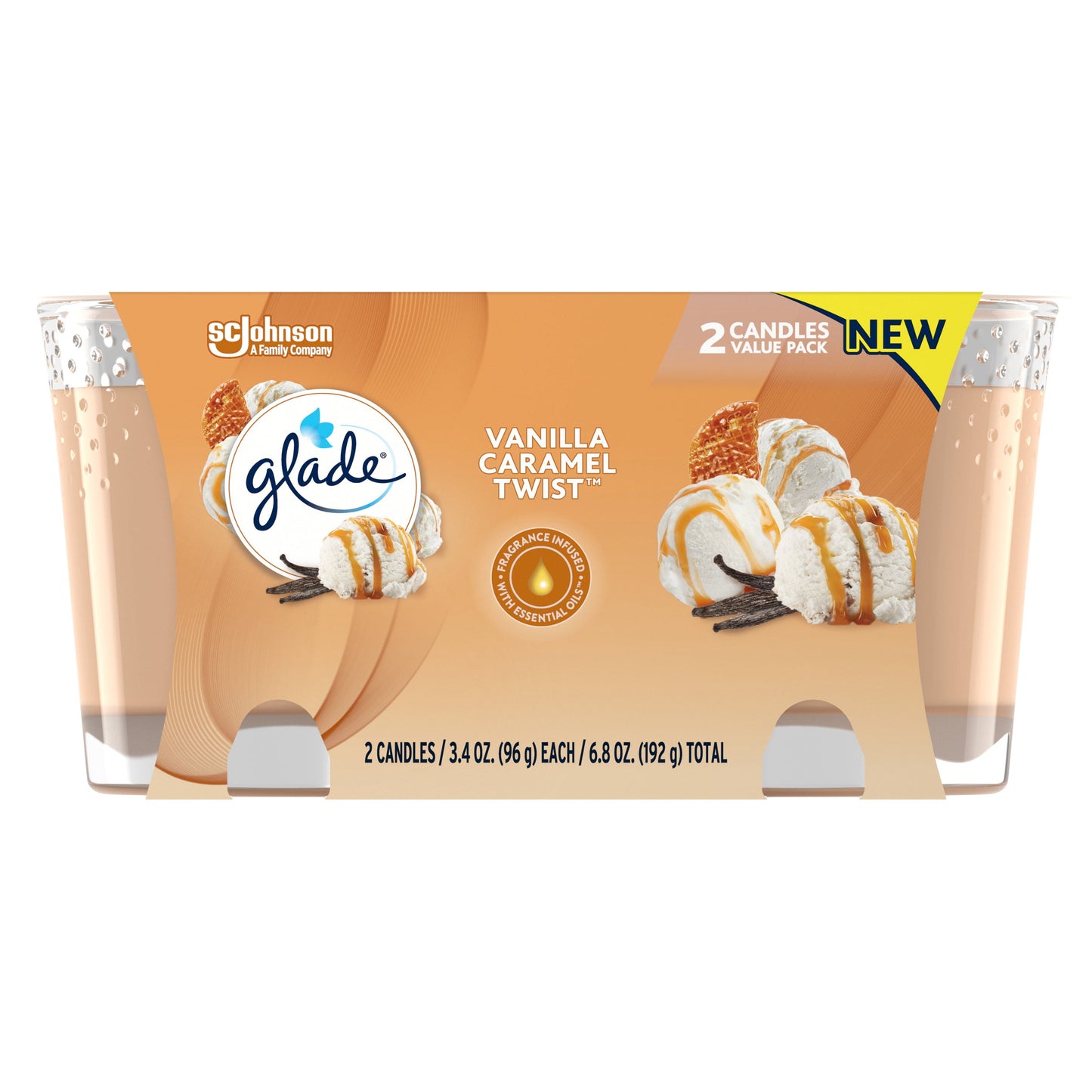 Glade Small Twin Candle, Scented Candles, Vanilla Caramel Twist, 3.4 oz, Pack of 2