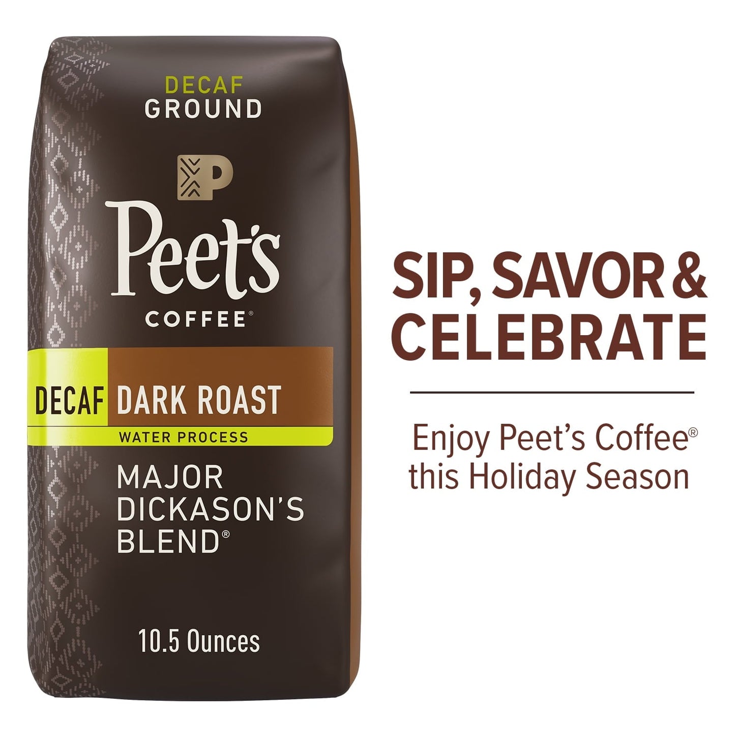 Peet's Coffee Decaf Major Dickason's Blend Ground Coffee, Premium Dark Roast, 100% Arabica, 10.5 oz