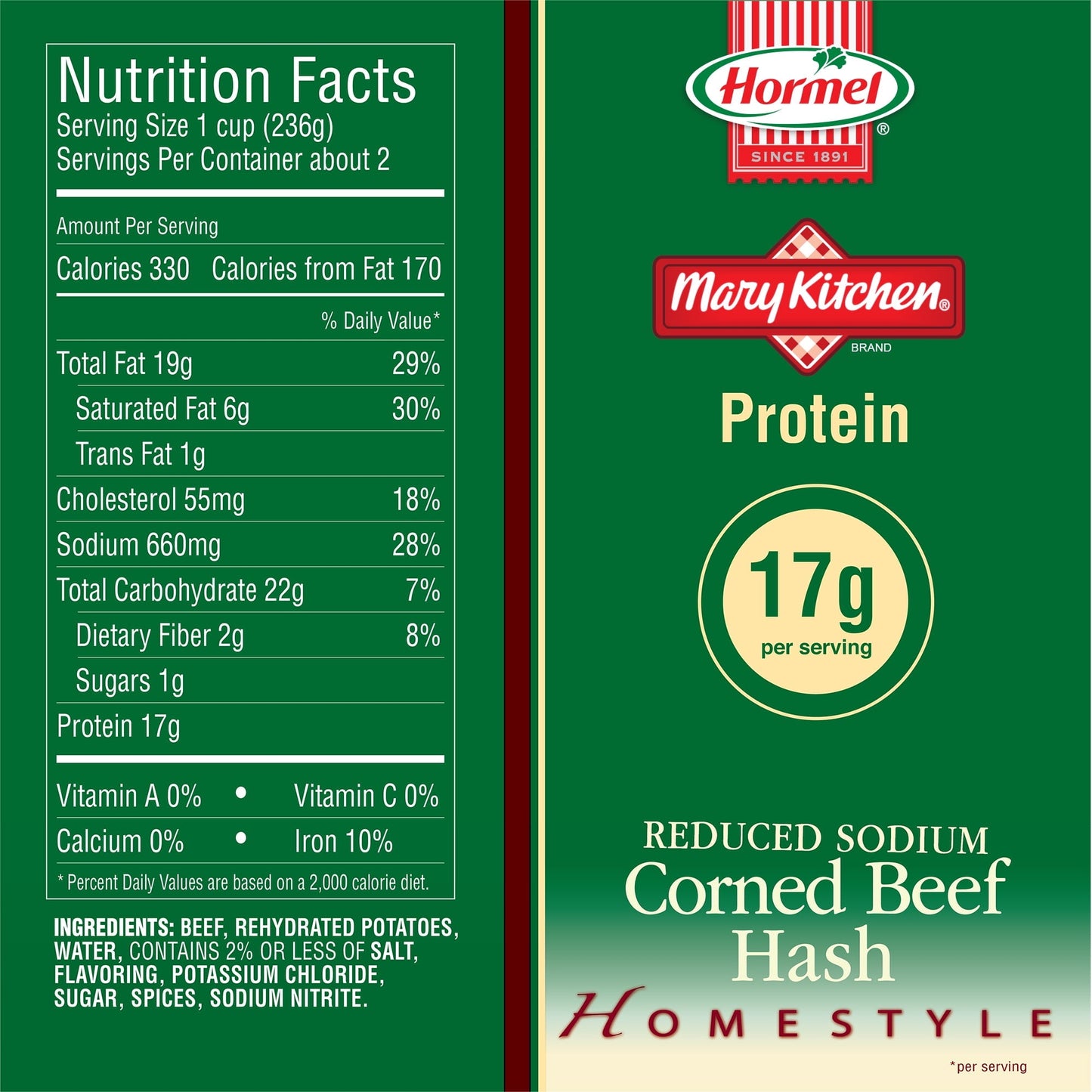 MARY KITCHEN Corned Beef Hash, Reduced Sodium, Canned Beef, 14 oz Can