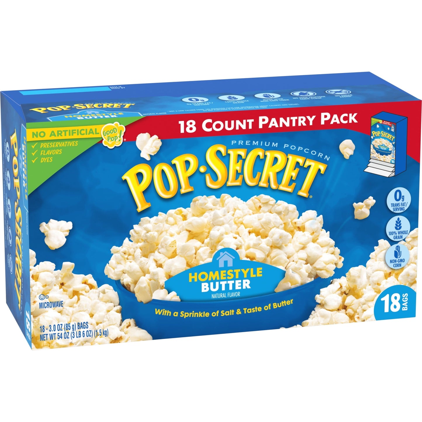 Pop Secret Microwave Popcorn, Homestyle Butter Flavor, 3 oz Sharing Bags, 18 Ct