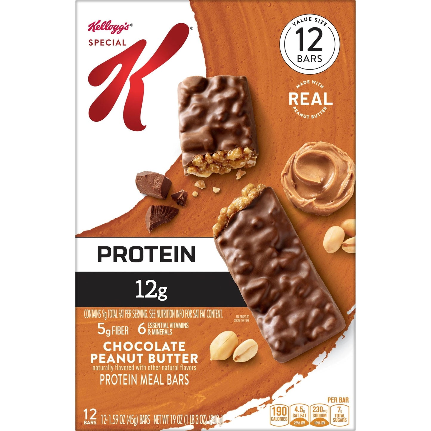 Kellogg's Special K Chocolate Peanut Butter Chewy Protein Meal Bars, Ready-to-Eat, 19 oz, 12 Count