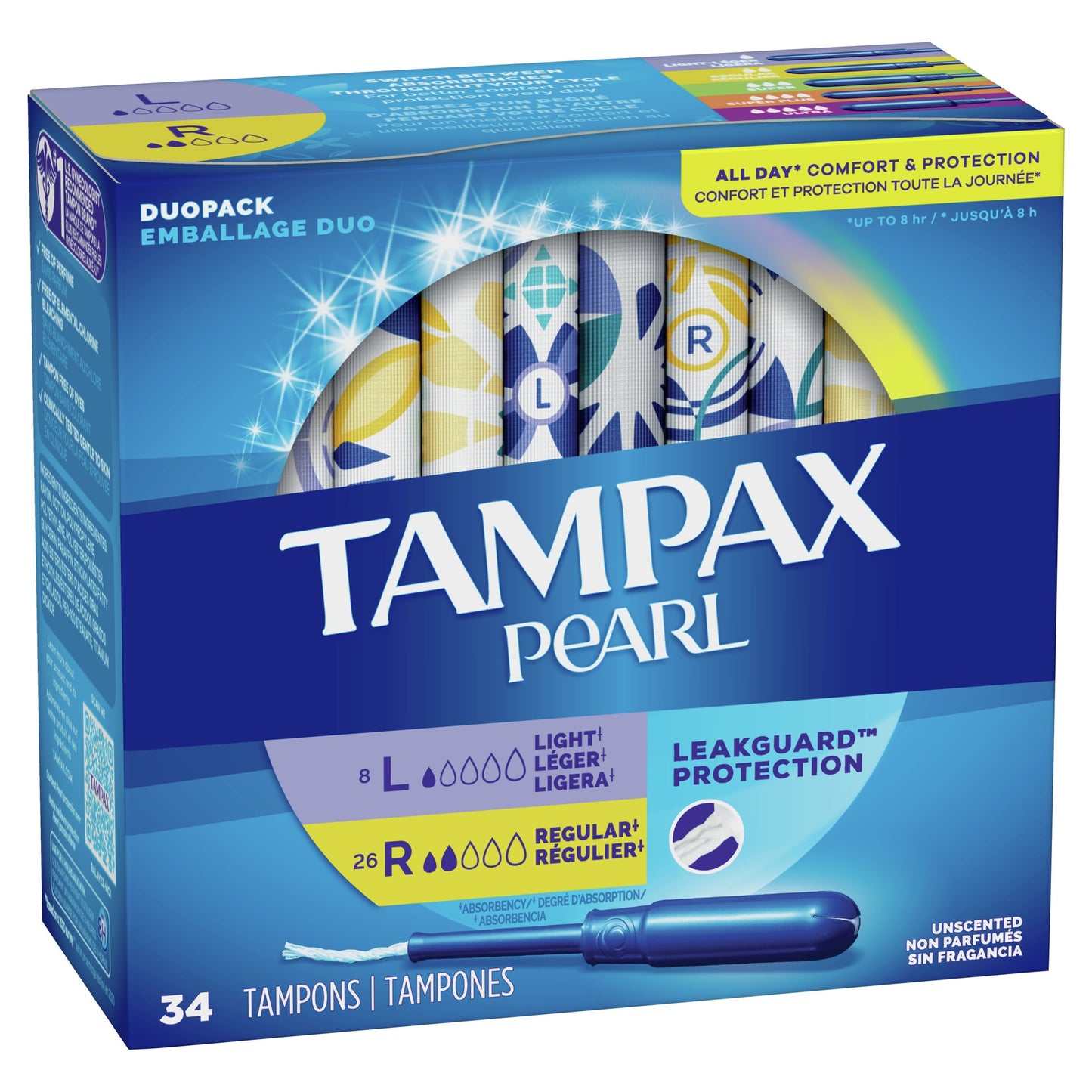 Tampax Pearl Tampons Duo Multipack with LeakGuard Braid, Light/Regular Absorbency, 34 Ct