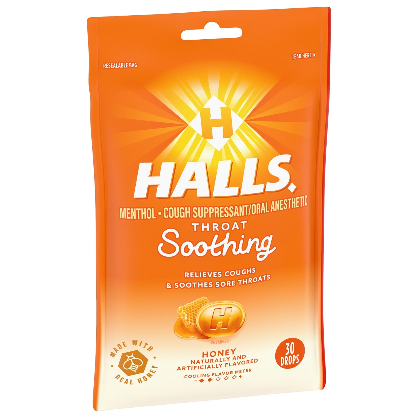 HALLS Throat Soothing Honey Cough Drops, 30 Drops