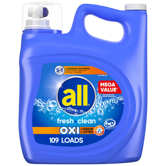 all Liquid Laundry Detergent, Fresh Clean Oxi plus Odor Lifter, 195 fl oz, 109 Loads