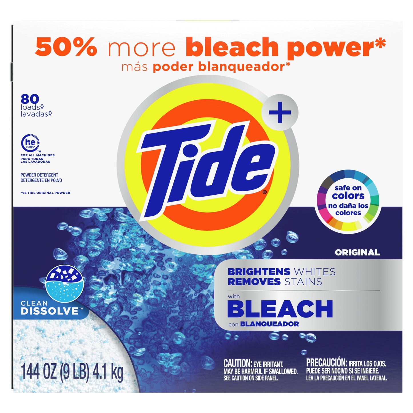 Tide Plus Bleach 80 Loads, Powder Laundry Detergent, 144 oz