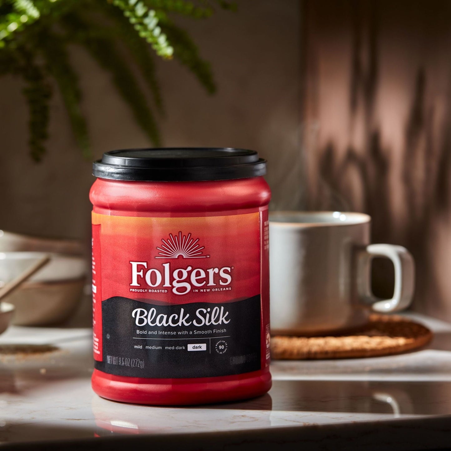 Folgers Black Silk Ground Coffee, Smooth Dark Roast Coffee, 9.6 Ounce Canister