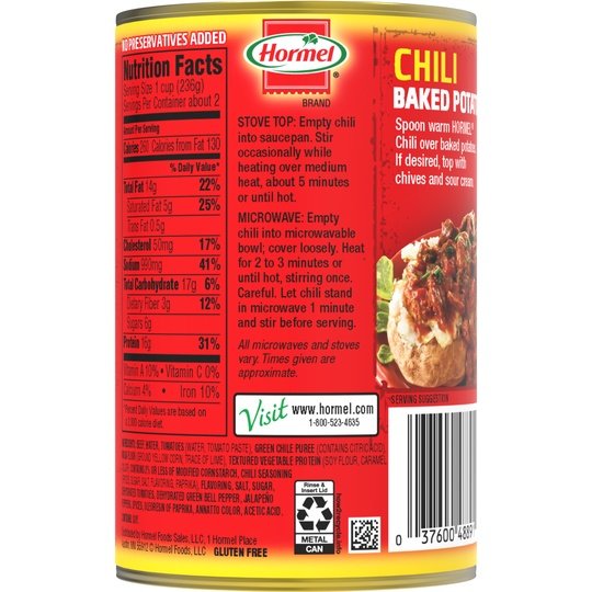 HORMEL Chili Chunky Beef No Beans, No Artificial Ingredients, 15 Oz