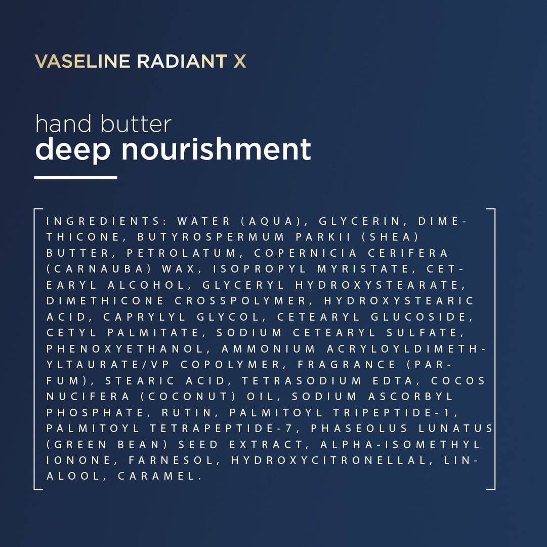 Vaseline Radiant X Deep Nourishment Hand Butter 100% Pure Shea Butter, with Coconut Oil, Vitamin C, & Peptides, 3.4 oz