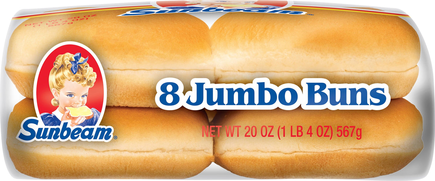 Sunbeam Jumbo Hamburger Buns, Enriched White Bread Burger Buns, 8 Count