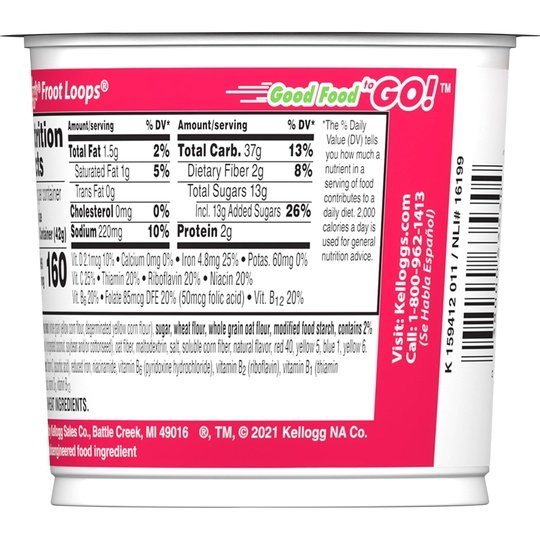 Kellogg's Froot Loops Original Cold Breakfast Cereal, Single Serve, 1.5 oz Cup
