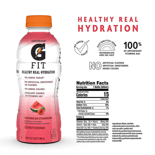 Gatorade Fit Electrolyte Beverage, Healthy Real Hydration, Watermelon Strawberry, 16.9 oz Bottles