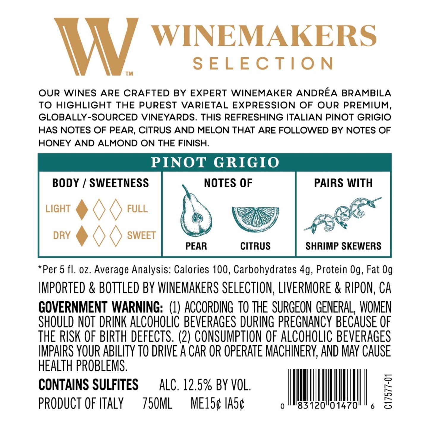 Winemakers Selection Reserve Pinot Grigio White Wine Italy, 750 ml Bottle, ABV 12.50%