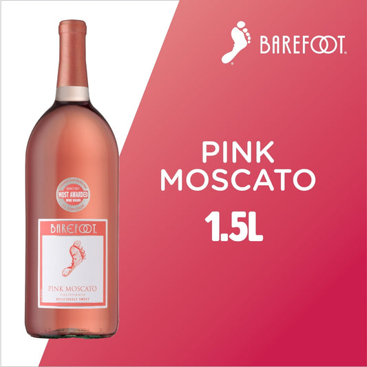 Barefoot Pink Moscato Sweet Rose Wine, California, 1.5 Liter Glass Bottle