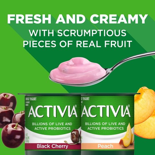 Activia Peach and Black Cherry Probiotic Yogurt, Lowfat Yogurt Cups, 4 oz, 12 Count