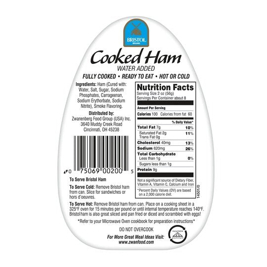 Bristol Smoke Flavor Cooked Ham, High Protein, 16 oz Aluminum Can
