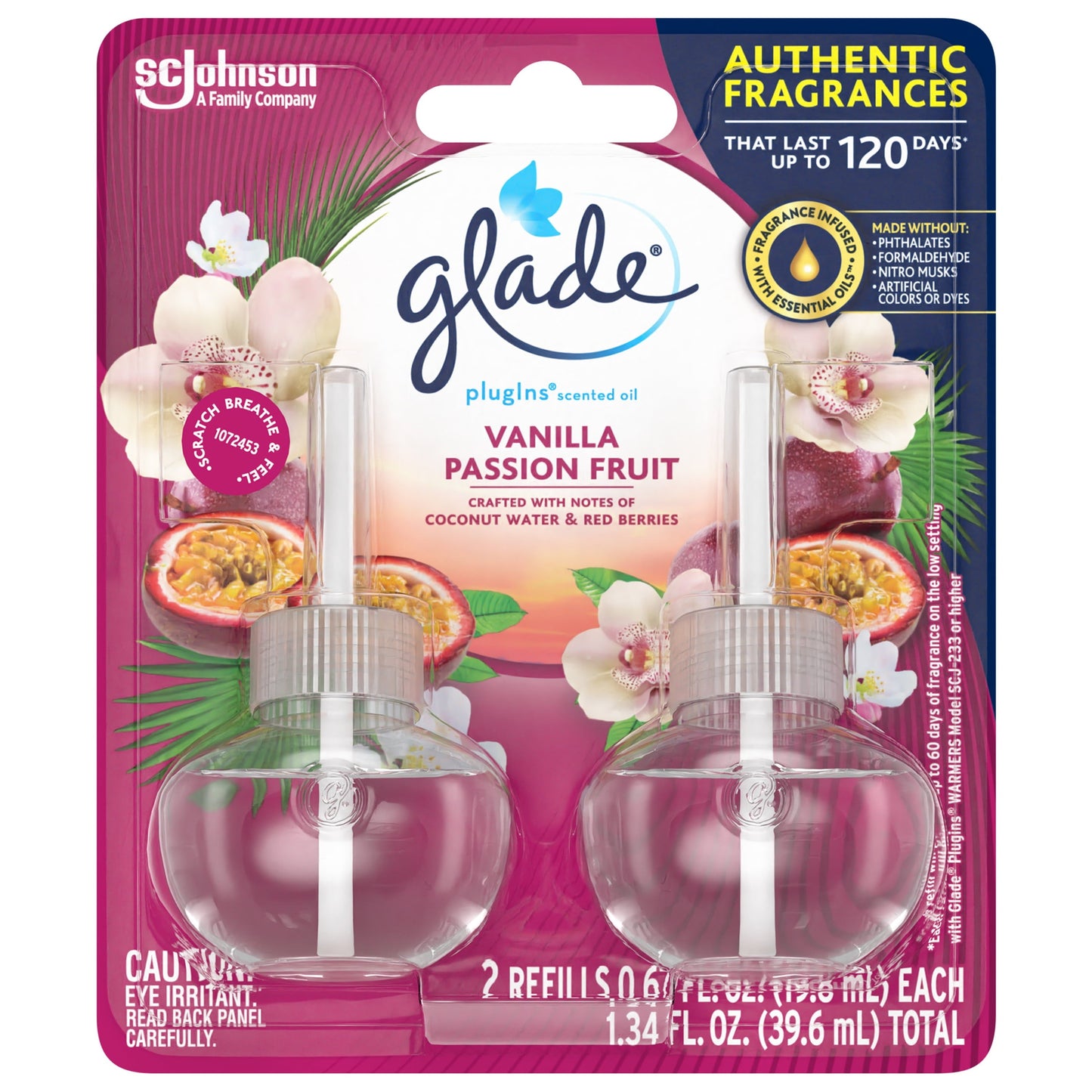 Glade PlugIns Refill 2 ct, Vanilla Passion Fruit, 1.34 FL. oz. Total, Scented Oil Air Freshener Infused with Essential Oils