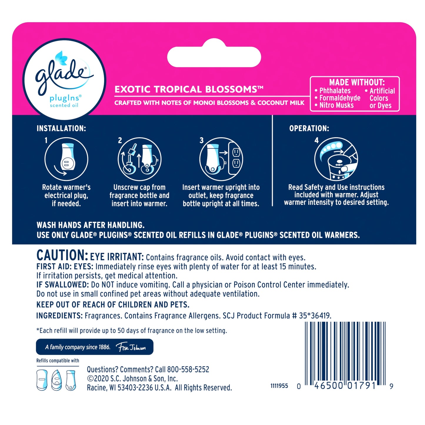 Glade PlugIns Refill 5 ct, Exotic Tropical Blossoms, 3.35 FL. oz. Total, Scented Oil Air Freshener Infused with Essential Oils