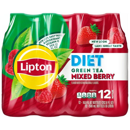 Lipton Diet Green Tea Mixed Berry Iced Tea, 16.9 fl oz, 12 Pack Bottles