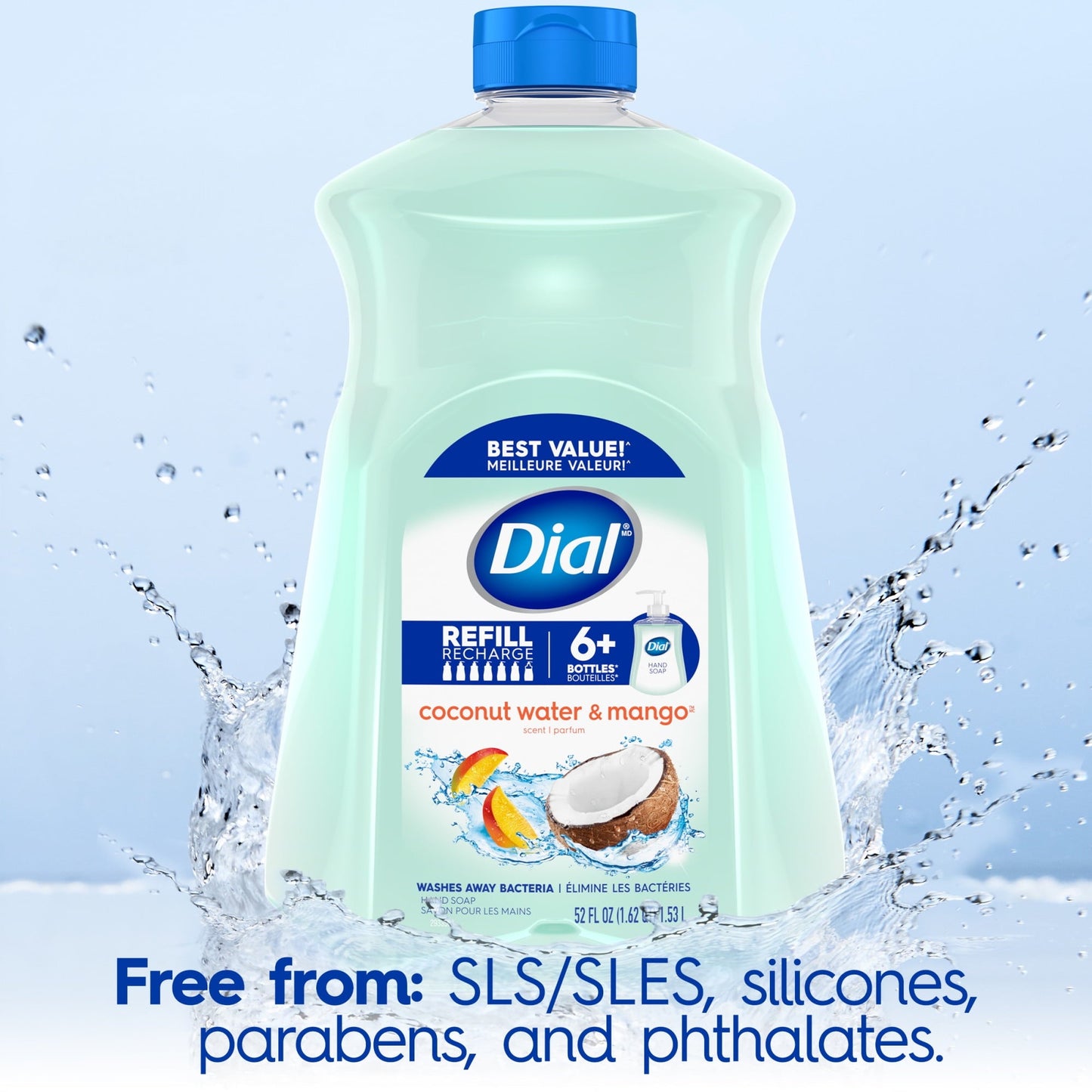 Dial Liquid Hand Soap Refill, Coconut Water & Mango, 52 fl oz