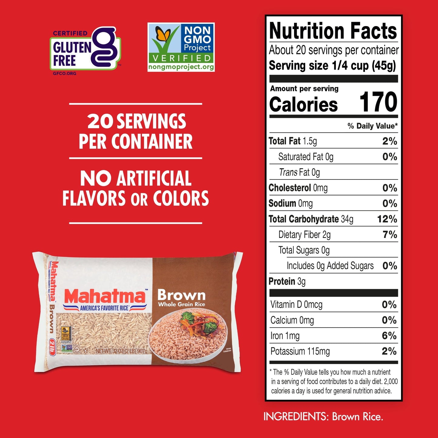 Mahatma Whole Grain Brown Rice, 100% Whole Grain Rice, 2 lb Bag