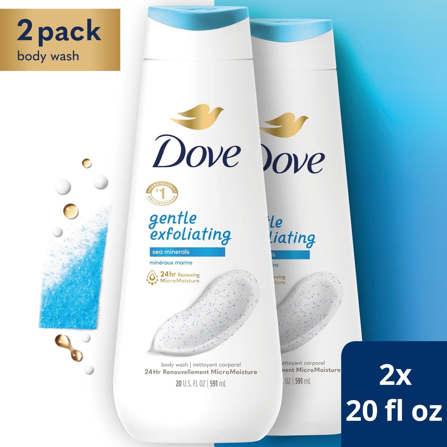 Dove Gentle Exfoliating Long Lasting Body Wash Twin Pack, Sea Minerals, 20 fl oz