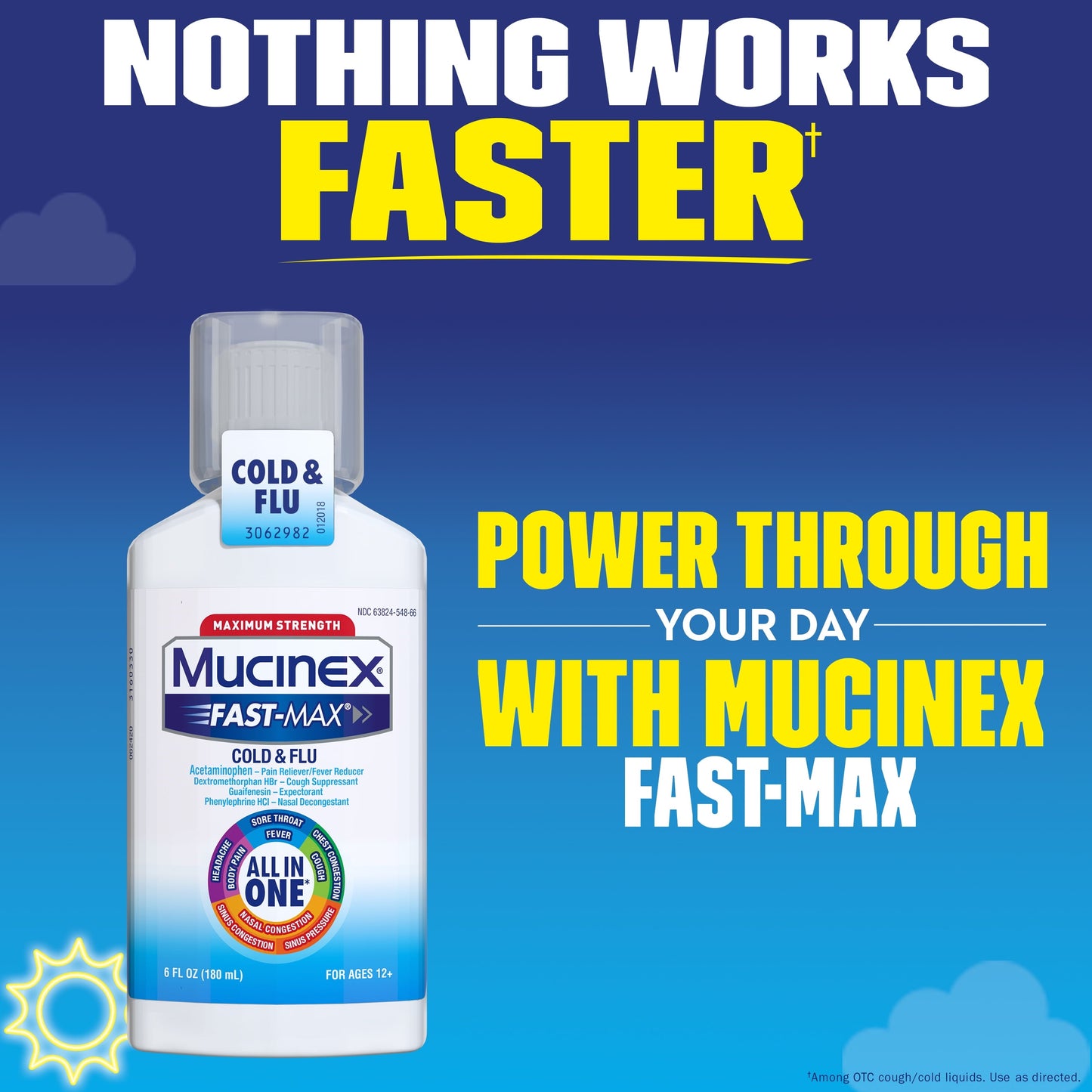 Mucinex All in One Fast Max Maximum Strength Cold and Flu Liquid Medicine, 6 fl oz