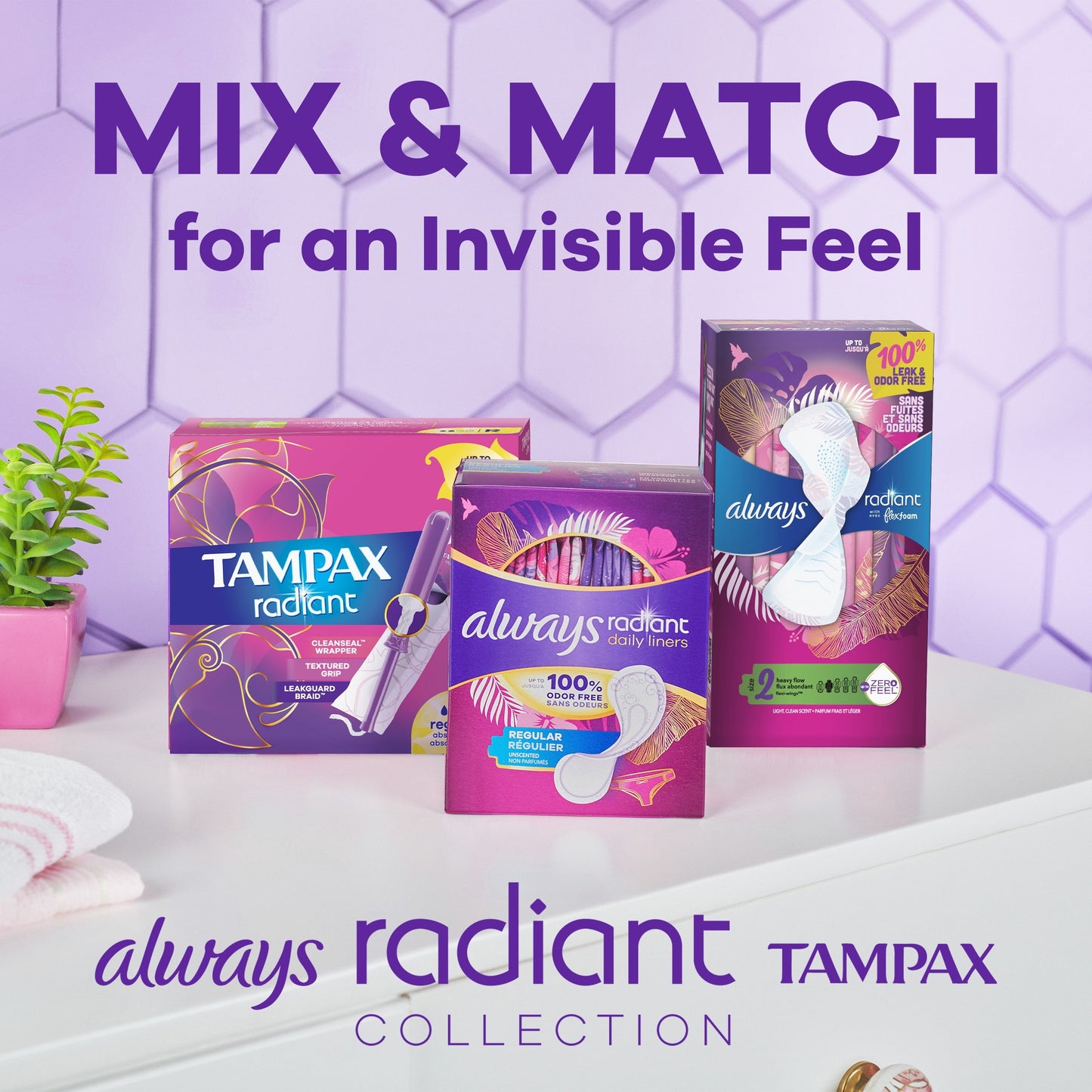 Tampax Radiant Tampons Duo Pack with LeakGuard Braid, Regular/Super Absorbency, 52 Ct