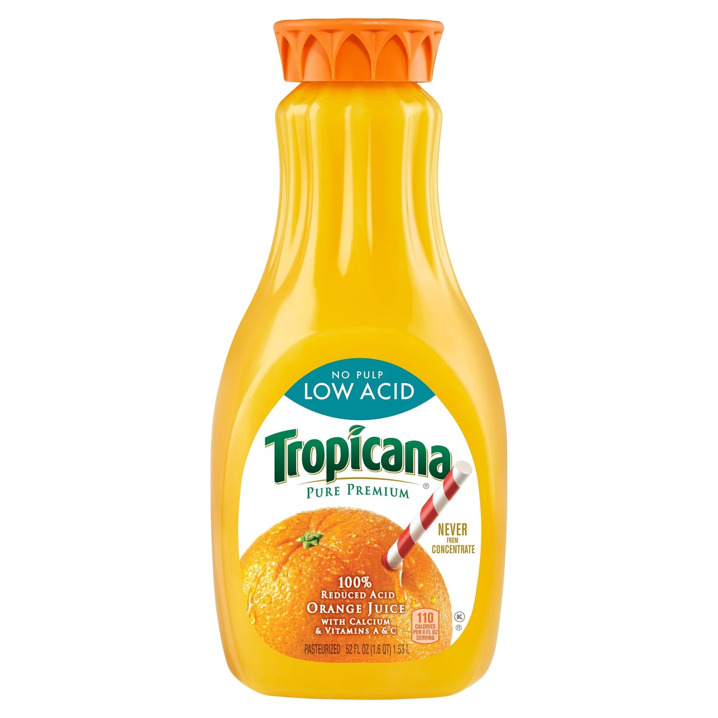 Tropicana Pure Premium Low Acid 100% Juice Orange No Pulp with Vitamins A and C 52 fl oz Bottle, Fruit Juice