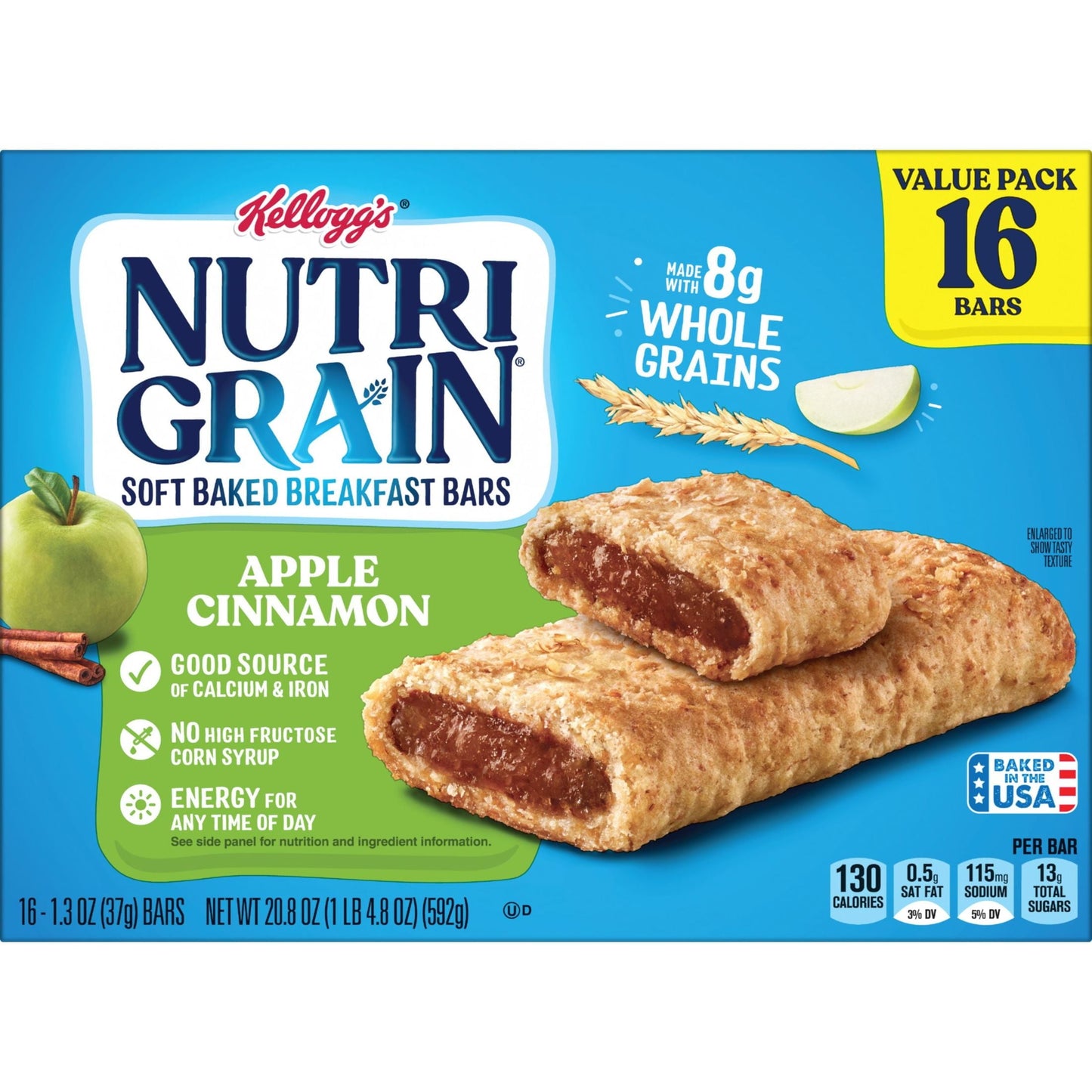 Kellogg's Nutri-Grain Apple Cinnamon Chewy Soft Baked Breakfast Bars, Ready-to-Eat, 20.8 oz, 16 Count