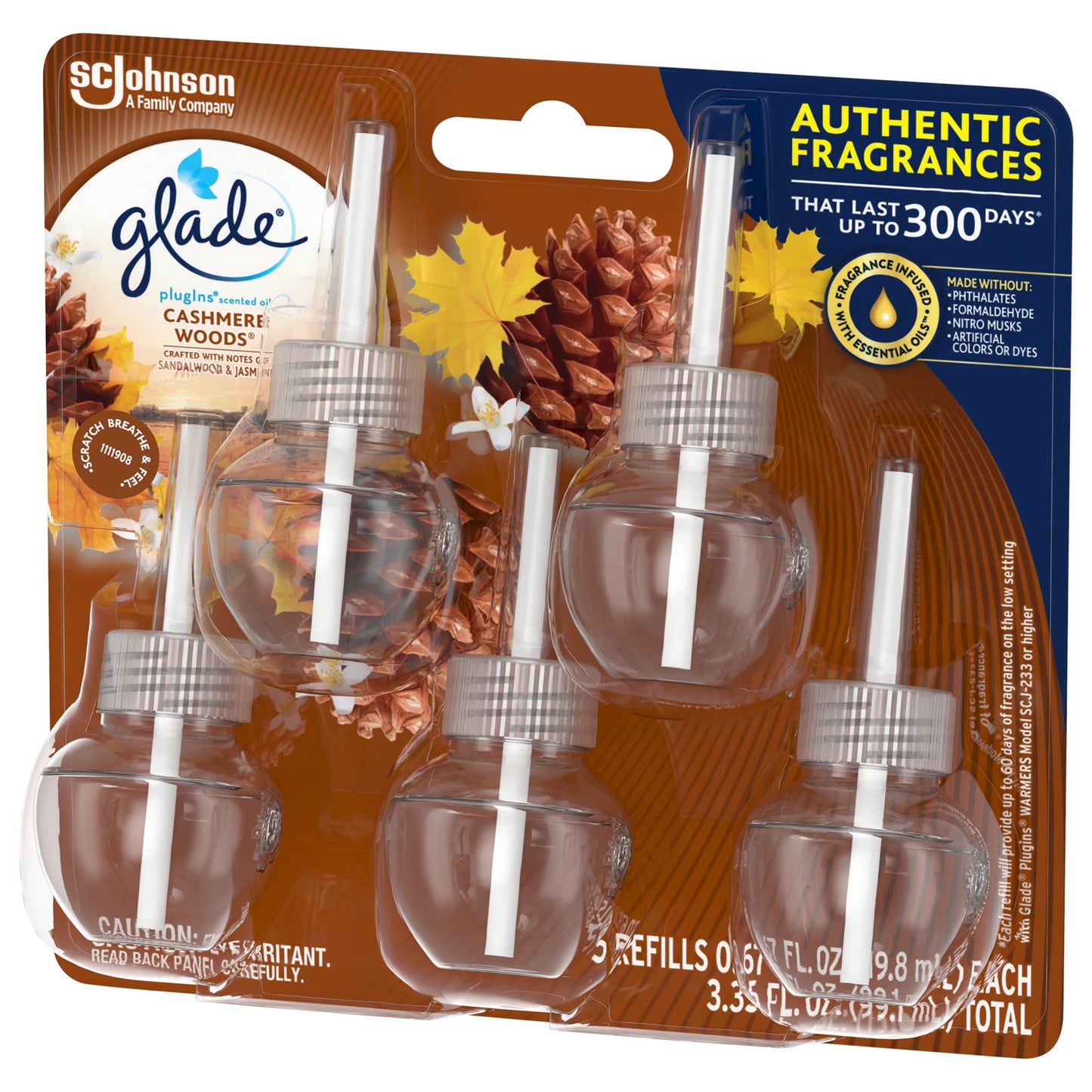 Glade PlugIns Refill 5 ct, Cashmere Woods, 3.35 FL. oz. Total, Scented Oil Air Freshener Infused with Essential Oils