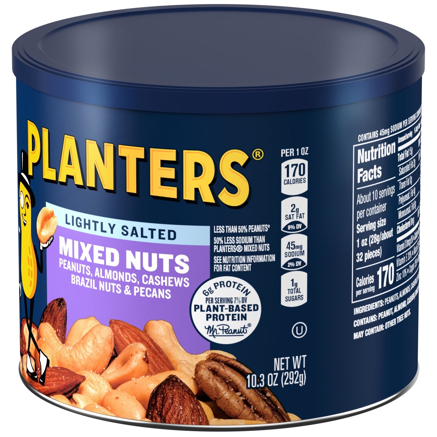 PLANTERS Lightly Salted Mix Nuts, Party Snacks, Plant-Based Protein, 10 Oz Canister