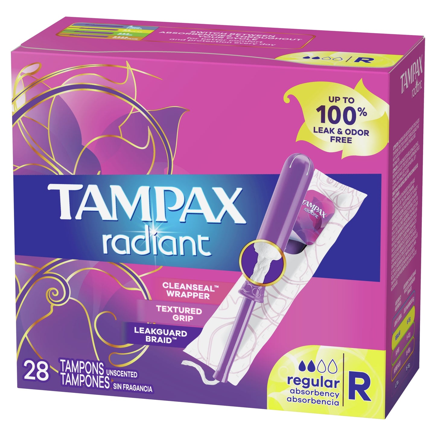 Tampax Radiant Tampons with LeakGuard Braid, Regular Absorbency, 28 Count