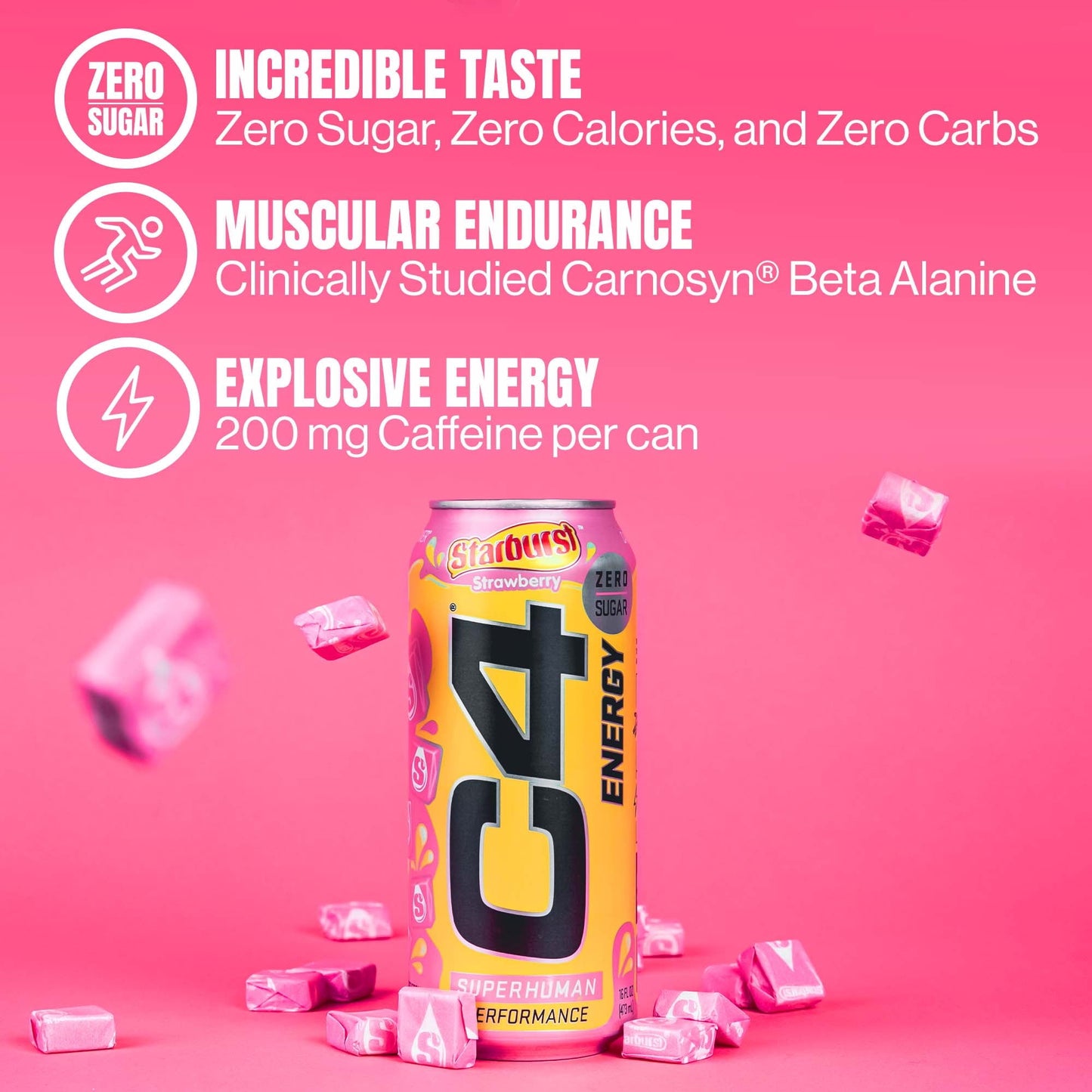 C4 Energy Drink + Strawberry Starburst + Zero Sugar + Explosive Energy Juicy Flavor + 16oz Single Can