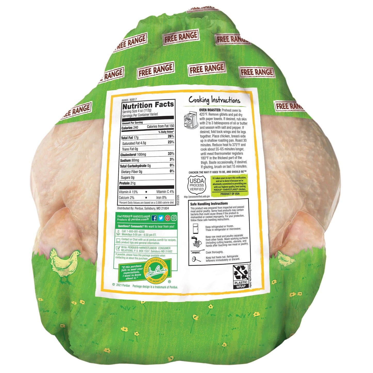 Perdue Harvestland, Free Range, Whole Chicken with Giblets, 21g Protein, 4 oz. Svg., 4-6.25 lb.