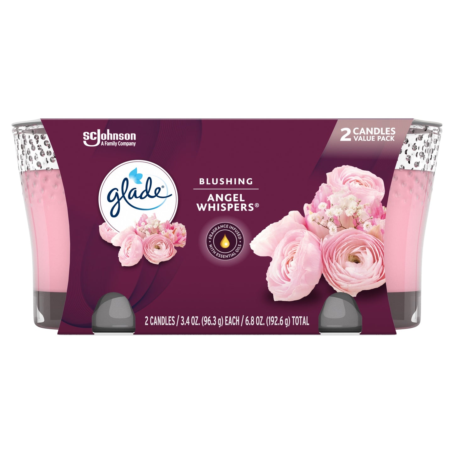Glade Candle Angel Whispers Scent, 1-Wick, 3.4 oz (96.3 g) Each, 2 Counts, Fragrance Infused with Essential Oils, Notes of Bulgarian Rose, Peach, White Floral Bouquet, Lead-Free Wick Scented Candles