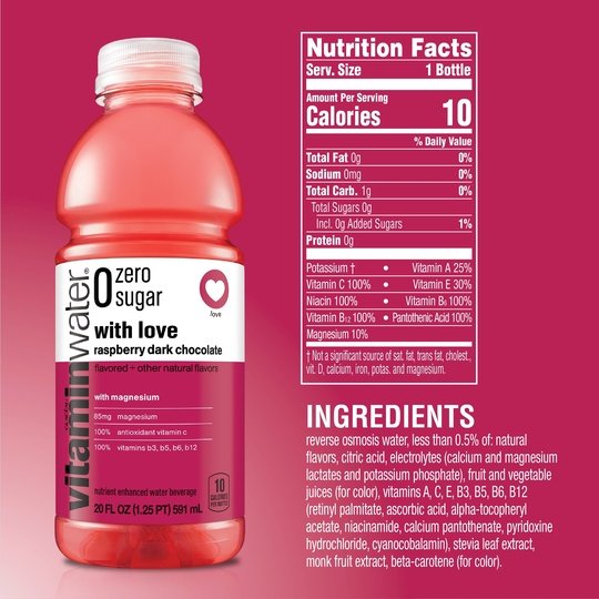 vitaminwater zero with love nutrient enhanced water w/ vitamins, raspberry dark chocolate, 20 fl oz