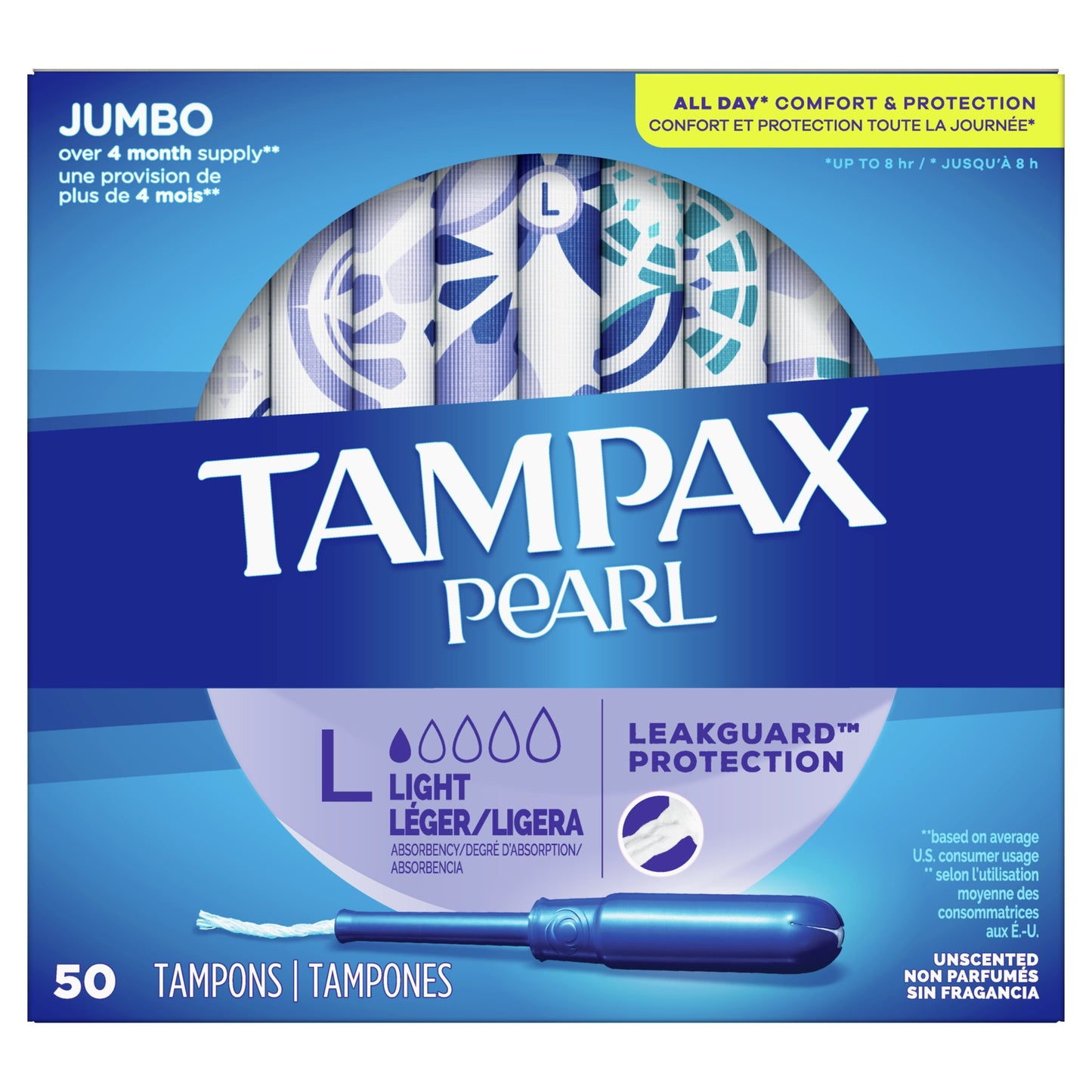 Tampax Pearl Tampons with LeakGuard Braid, Light Absorbency, 50 Ct