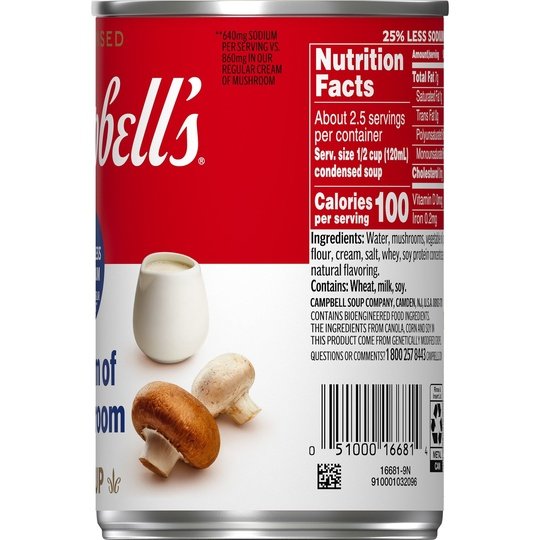 Campbell's Condensed 25% Less Sodium Cream of Mushroom Soup, 10.5 Ounce Can